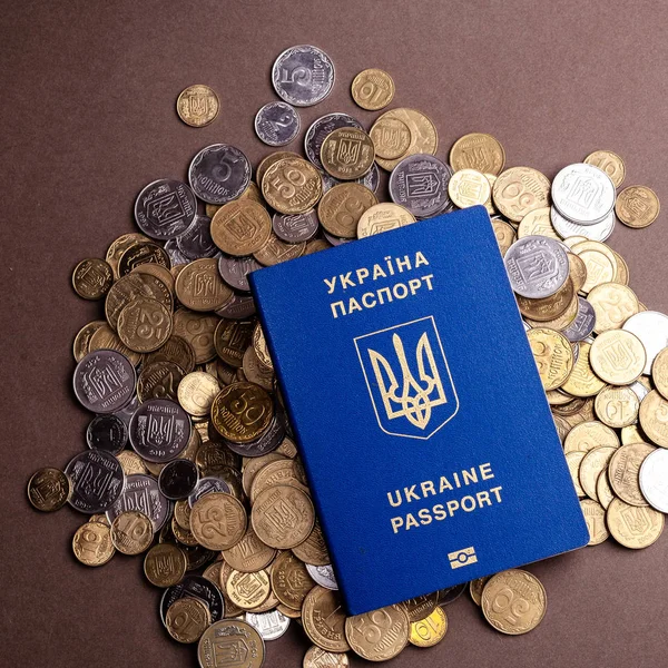 Blått pass av Ukraina på en många av mynt. Bakgrunden är brun. — Stockfoto
