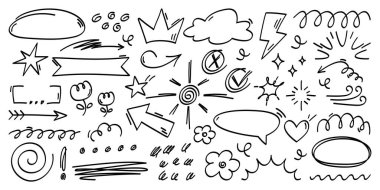 El çizimi elementler ayarlandı. Beyaz zemin üzerinde izole edilmiş oklar, yıldızlar, taçlar, çiçekler, bulutlar, konuşma baloncukları, dekoratif çizgiler ve çizgi film sembollerinin simgeleri