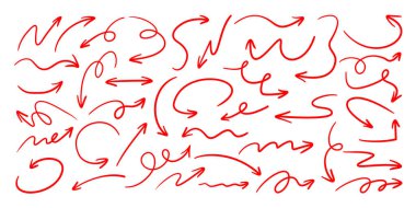 Kırmızı el çizilmiş oklar. Kıvrımlı, dalgalı, dairesel ve spiral gibi çeşitli şekillerden oluşan bir ok koleksiyonu. Dekoratif yön işaretlerinin vektör çizimi izole edildi