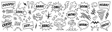 Bir dizi komik tarz efekt. Beyaz arka planda izole edilmiş, ünlemleri, ifadeleri, yıldızları, bulutları, yıldırımları, patlamaları ve çizgi film dekoratif unsurlarını içeren vektör koleksiyonu