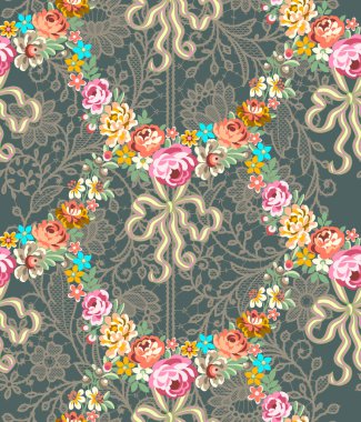 Roccoco Roses Garland Lace Seamless Pattern clipart