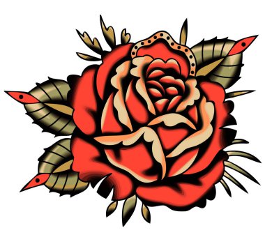 Vektör kırmızı gül dövme tarzı. Vhite arka plan.