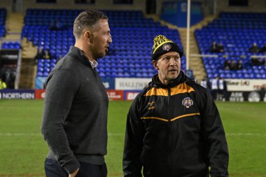 Sam Burgess Warrington Wolves baş antrenörü ve Danny McGuire Betfred Süper Lig 3. raundunda Warrington Wolves Castleford Tigers 'a karşı Halliwell Jones Stadyumu, Warrington, 1 Mart 202