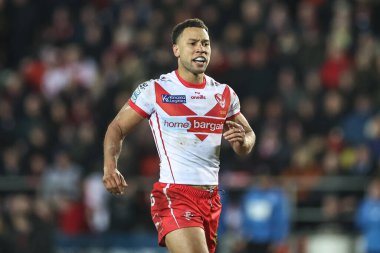 St. Helens 'den Moses Mbye 3. Betfred Süper Lig karşılaşması sırasında St Helens - Leigh Leopards maçında St Helens, St Helens, Birleşik Krallık, 1 Mart 202