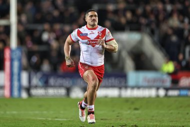 St. Helens 'li Sione Matautia, 3. Betfred Süper Lig Turu' nda St Helens - Leigh Leopards maçı sırasında St Helens Stadyumu, St Helens, İngiltere, 1 Mart 2024