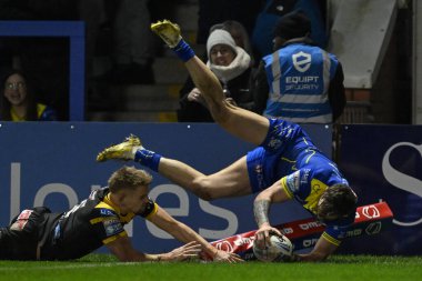 Warrington Wolves 'tan Matty Ashton, 1 Mart 202' de İngiltere 'nin Warrington kentinde oynanan Betfred Süper Lig 3. tur karşılaşmasında Warrington Wolves Castleford Tigers' a karşı oynuyor.