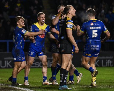 Matt Dufty of Warrington Wolves celebrates his try during the Betfred Super League Round 3 match Warrington Wolves vs Castleford Tigers at Halliwell Jones Stadium, Warrington, United Kingdom, 1st March 202 clipart