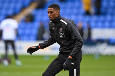 Blackpool 'dan Marvin Ekpiteta 2 Mart 202' de Croud Meadow, Shrewsbury, İngiltere 'de oynanan Sky Bet Ligi 1 maçı öncesinde oynanan maç öncesi ısınma maçında