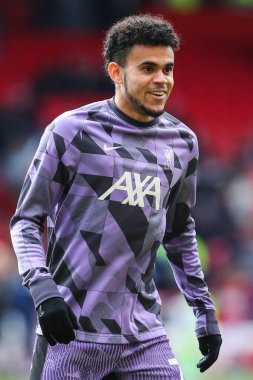 Liverpool 'dan Luis Daz Premier Lig karşılaşması öncesinde Nottingham Forest' a karşı Liverpool City Ground, Nottingham, İngiltere 'de 2 Mart 2024' te oynanan maç öncesi ısınma maçında