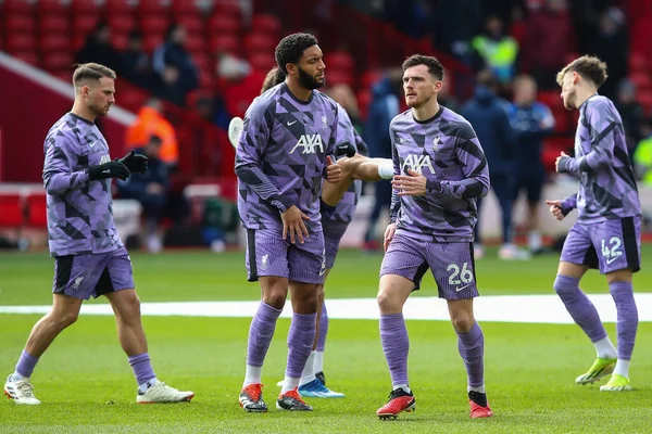 Andrew Robertson Liverpooli Premier League Mérkőzés Előtti Bemelegítés Során Nottingham — Stock Fotó