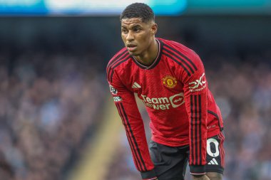 Manchester United 'ın Manchester City ile Manchester United arasındaki Premier League maçında Marcus Rashford, Etihad Stadyumu' nda, 3 Mart 202