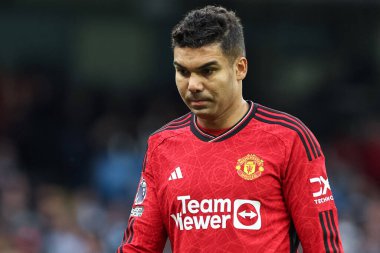 Manchester City - Manchester United Premier League maçı sırasında Manchester Stadyumu 'nda Casemiro, 3 Mart 202