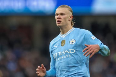Manchester City - Manchester United Premier League maçı sırasında Manchester City - Etihad Stadyumu 'nda Erling Hland, 3 Mart 2024