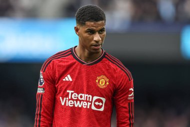 Manchester United 'ın Manchester City ile Manchester United arasındaki Premier League maçında Marcus Rashford, Etihad Stadyumu' nda, 3 Mart 202
