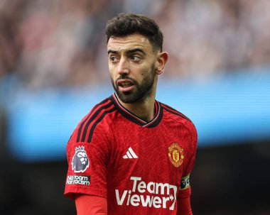 Manchester United Premier Lig karşılaşmasında Bruno Fernandes Manchester City 'ye karşı Etihad Stadyumu, Manchester, İngiltere, 3 Mart 202