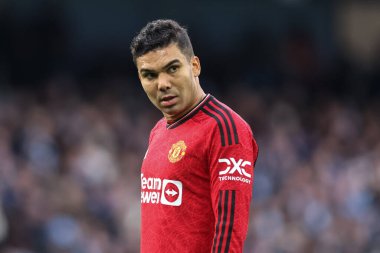 Manchester City - Manchester United Premier League maçı sırasında Manchester Stadyumu 'nda Casemiro, 3 Mart 202