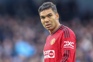 Manchester City - Manchester United Premier League maçı sırasında Manchester Stadyumu 'nda Casemiro, 3 Mart 202