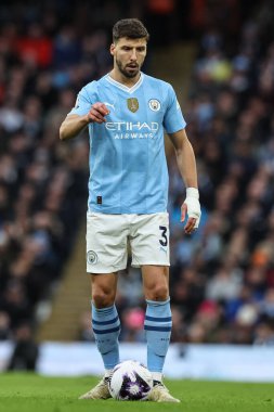 Manchester City - Manchester United Premier League maçı sırasında Manchester Stadyumu 'nda Rben Dias, 3 Mart 2024