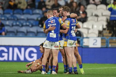 Leeds Rhinos takımından Brodie Croft, Betfred Süper Lig 25. Raundda Huddersfield Giants - Leeds Rhinos maçını 4 Eylül 2025 'de Accu Stadyumu, Huddersfield, İngiltere' de kutluyor.