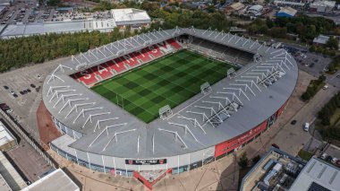 Betfred Süper Lig 25. Raundu 'nda St. Helens, Wigan Warriors' a karşı St.Helens Stadyumu 'nda 5 Eylül 2025' te oynanan maç sırasında havadan The CompleWicked Stadyumu 'nun genel bir görüntüsü.