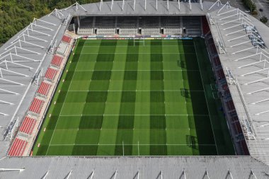 Betfred Süper Lig 25. Raundu 'nda St. Helens, Wigan Warriors' a karşı St.Helens Stadyumu 'nda 5 Eylül 2025' te oynanan maç sırasında havadan The CompleWicked Stadyumu 'nun genel bir görüntüsü.