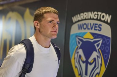 Warrington Wolves 'tan Jake Thewlis, Betfred Süper Lig 25. Maçı sırasında Halliwell Jones Stadyumu, Warrington, İngiltere' de oynanan Warrington Wolves - Leopards maçında geldi.