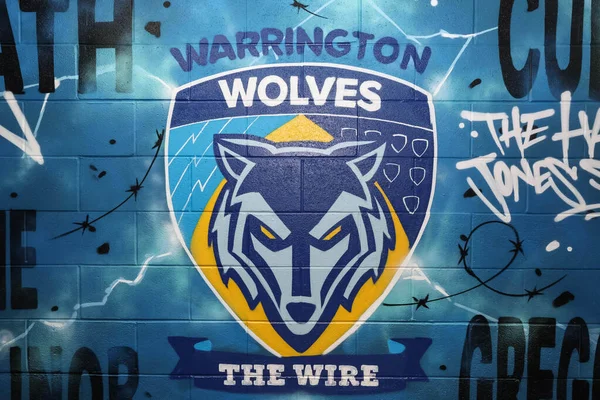 Warrington Wolves, Betfred Süper Lig 25. Raundu 'nda tünel bölgesindeki duvar resmi. Warrington Wolves, Leigh Leopards' a karşı Halliwell Jones Stadyumu, Warrington, İngiltere, 6 Eylül 2025.