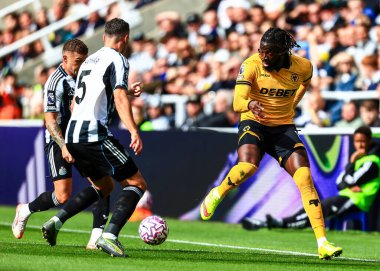  Wolverhampton Wanderers takımından Tolu Arokodare, Premier League karşılaşmasında topu geçti. Newcastle United, Wolverhampton Wanderers 'a karşı. St. James' s Park, Newcastle, İngiltere, 13 Eylül 2025 