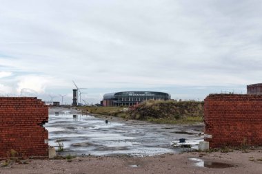 The Hill Dickinson Stadyumu 'nun Premier League maçında Everton' a karşı Aston Villa 'nın 13 Eylül 2025' te Liverpool 'daki Hill Dickinson Stadyumu' ndaki maçı sırasında eski rıhtımdan çekilmiş görüntüsü.