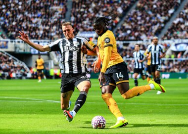 Newcastle United takımından Dan Burn, Premier League karşılaşmasında Wolverhampton Wanderers 'a karşı St. James' s Park, Newcastle, İngiltere, 13 Eylül 2025 'de oynanan maçta Wolverhampton Wanderers karşısında Wolverhampton Wanderers' dan Tolu Arokodare 'den şutlandı. 