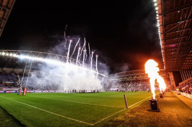 The pre-game firework and pyrotechnic display during the Betfred Super League round 27 match Wigan Warriors vs Leeds Rhinos at The Brick Community Stadium, Wigan, United Kingdom, 19th September 2025
