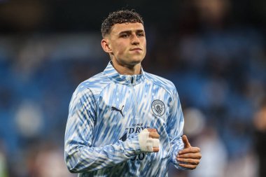 Manchester City 'den Phil Foden maç öncesi ısınma oturumunda UEFA Şampiyonlar Ligi 2025 / 26 Faz MD1 Manchester City, Manchester Stadyumu' nda Napoli Ligi 'ne karşı, 18 Eylül 2025