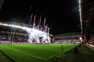The pre-game firework and pyrotechnic display during the Betfred Super League round 27 match Wigan Warriors vs Leeds Rhinos at The Brick Community Stadium, Wigan, United Kingdom, 19th September 2025