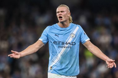 Manchester City 'den Erling Haaland, 18 Eylül 2025' te Manchester Stadyumu 'nda 25 / 26 Faz MD1 Manchester City ve Napoli Ligi maçında tepki gösterdi. 