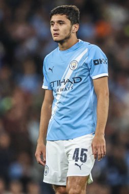Manchester City 'den Abdukodir Khusanov UEFA Şampiyonlar Ligi 25 / 26 Faz MD1 Manchester City Napoli Ligi' ne karşı Manchester Stadyumu, Manchester, İngiltere, 18 Eylül 2025 