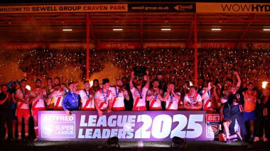 Hull KR lift the League Leaders Shield after the Betfred Super League round 27 match Hull KR vs Warrington Wolves at Sewell Group Craven Park, Kingston upon Hull, United Kingdom, 18th September 2025