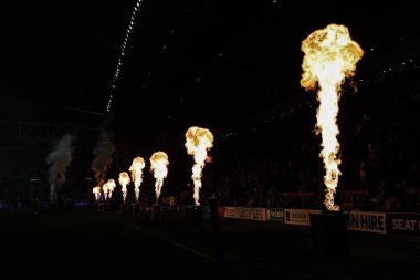 The pre-game firework and pyrotechnic display during the Betfred Super League round 27 match Wigan Warriors vs Leeds Rhinos at The Brick Community Stadium, Wigan, United Kingdom, 19th September 2025