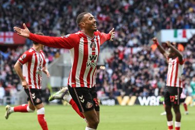 Sunderland 'dan Wilson Isidor, 20 Eylül 2025' te İngiltere 'nin Sunderland kentinde oynanan Premier League maçı Sunderland-Aston Villa maçında 1-1' lik galibiyet golünü kutluyor. 