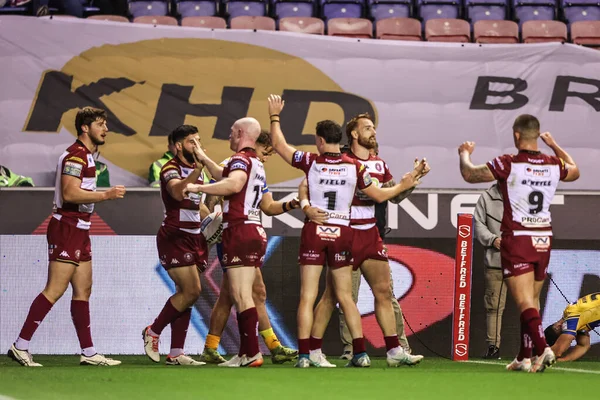 Abbas Miski of Wigan Warriors celebrates his try to make it 4-0 during the Betfred Super League round 27 match Wigan Warriors vs Leeds Rhinos at The Brick Community Stadium, Wigan, United Kingdom, 19th September 2025