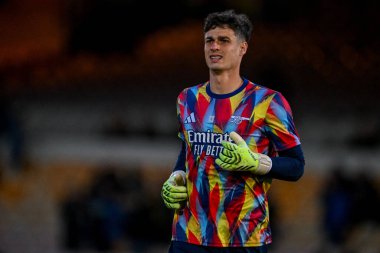 Arsenal 'den Kepa Arrizabalaga, 24 Eylül 2025' te İngiltere 'nin Burslem kentinde oynanan 3. Carabao Kupası karşılaşması öncesinde ısınıyor.