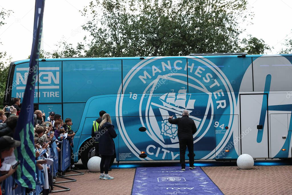 Manchester City coach arrives during the Carabao Cup Round 3 match Huddersfield Town vs Manchester City at Accu Stadium, Huddersfield, United Kingdom, 24th September 2025