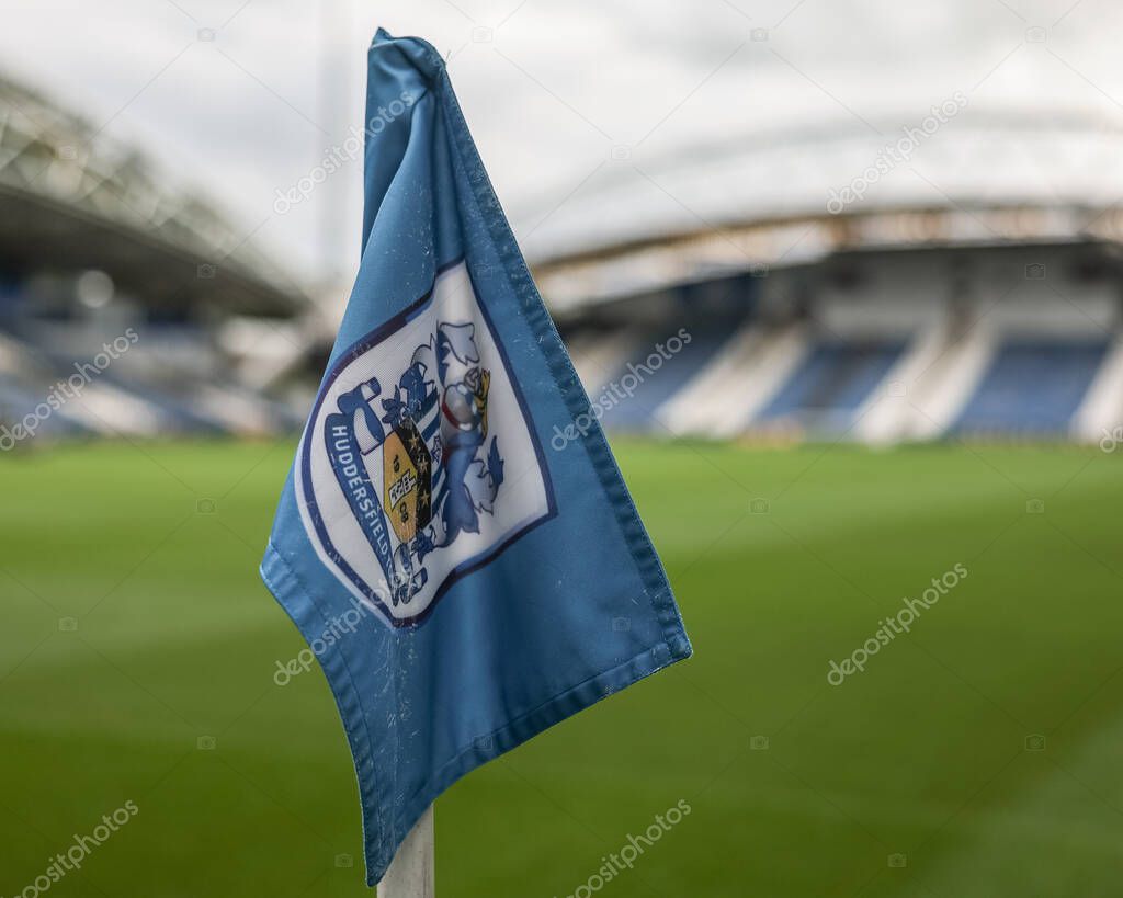 Corner flag with the Huddersfield Town crest on during the Carabao Cup Round 3 match Huddersfield Town vs Manchester City at Accu Stadium, Huddersfield, United Kingdom, 24th September 2025