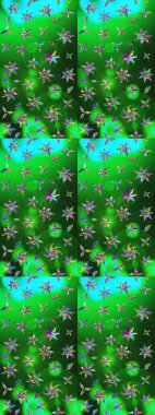 Yeşil ve mavi renkli bitkilerden oluşan parlak çiçekli çizim deseni.