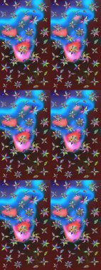 Mor ve mavi renkte etnik çiçeklerle süslenmiş zarif bir eskiz şekli. Raster Çiçek İllüstrasyon Şirin Tekstil.