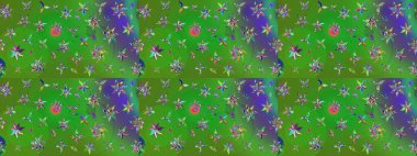 Yeşil ve mor renkli çiçekler. Çiçekli karalama şeklinde Raster çiçek deseni. Yumuşak, bahar çiçekli arka plan.