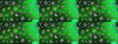Raster illüstrasyonundaki çiçek desenli çizim. Yeşil ve mavi renkte çiçekler.