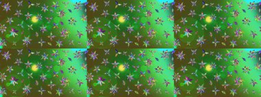 Vadinin yeşil ve mavi renkli çiçekleri. Soyut etnik raster çizim kalıbı. Çiçekler..