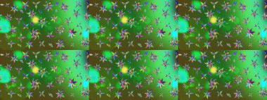 Yeşil ve mavi renkte çiçekler. Raster illüstrasyonu. Çiçek süslemeli çizim deseni.