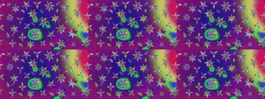 El çizimi çiçekli soyut çizim kalıbı. Raster illüstrasyonu. Mor ve mor renkte çiçekler.