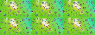Parlak çiçekli yeşil ve nötr renkler üzerine soyut çizim deseni. Çiçeksel elementlerle süslenmiş zarif raster dokusu. Küçük çiçekte şirin bir çiçek deseni var..